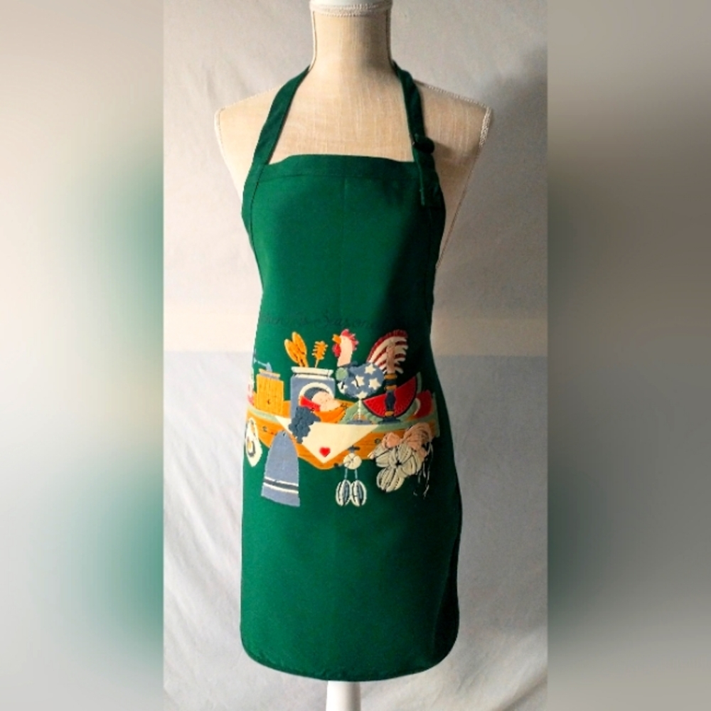 Dark Green Full Apron w/ Textured Screen Print Kitchen Scene
